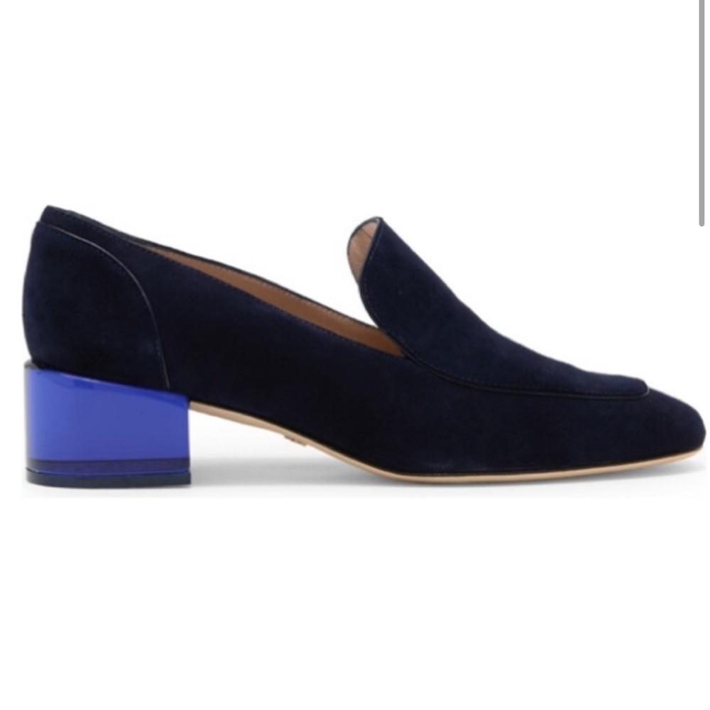 Blue Suede Loafer Shoes Carmella Stuart Weitzman clear block heel blue sz8